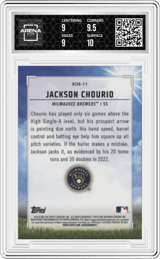 Jackson Chourio from the 2023 Bowman  set graded by Arena Club and given an overall grade of 9.5.