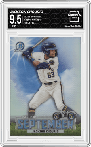 Jackson Chourio from the 2023 Bowman  set graded by Arena Club and given an overall grade of 9.5.