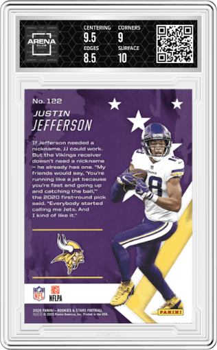 Justin Jefferson from the 2020 Panini Rookies & Stars set graded by Arena Club and given an overall grade of 9.