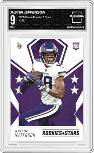 Justin Jefferson from the 2020 Panini Rookies & Stars set graded by Arena Club and given an overall grade of 9.