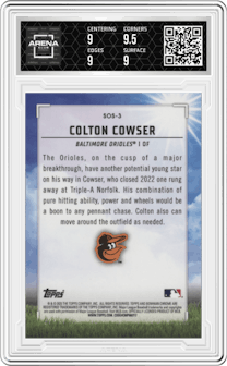 Colton Cowser from the 2023 Bowman  set graded by Arena Club and given an overall grade of 9.