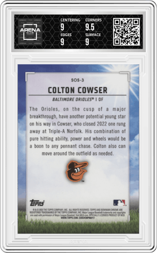 Colton Cowser from the 2023 Bowman  set graded by Arena Club and given an overall grade of 9.