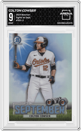 Colton Cowser from the 2023 Bowman  set graded by Arena Club and given an overall grade of 9.