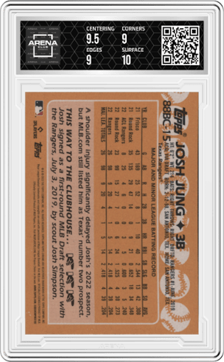Josh Jung from the 2023 Topps Chrome set graded by Arena Club and given an overall grade of 9.5.