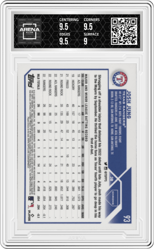 Josh Jung from the 2023 Topps Chrome set graded by Arena Club and given an overall grade of 9.5.