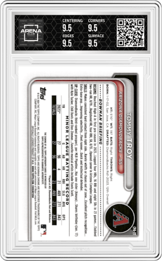 Tommy Troy from the 2024 Bowman set featuring a Green Refractor parallel graded by Arena Club and given an overall grade of 9.5.
