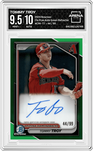 Tommy Troy from the 2024 Bowman set featuring a Green Refractor parallel graded by Arena Club and given an overall grade of 9.5.
