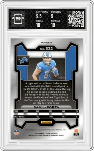 Sam LaPorta from the 2023 Panini Prizm set graded by Arena Club and given an overall grade of 9.5.