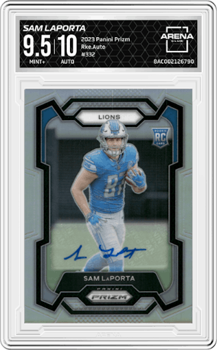 Sam LaPorta from the 2023 Panini Prizm set graded by Arena Club and given an overall grade of 9.5.