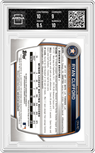 Ryan Clifford from the 2023 Bowman  set featuring a Refractor parallel graded by Arena Club and given an overall grade of 9.5.