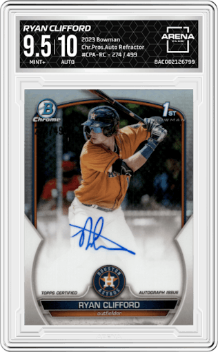 Ryan Clifford from the 2023 Bowman  set featuring a Refractor parallel graded by Arena Club and given an overall grade of 9.5.