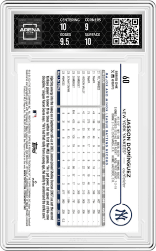 Jasson Dominguez from the 2024 Topps  set graded by Arena Club and given an overall grade of 9.5.