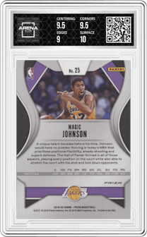 Magic Johnson from the 2019-20 Panini Prizm set featuring a Silver Prizm parallel graded by Arena Club and given an overall grade of 9.5.