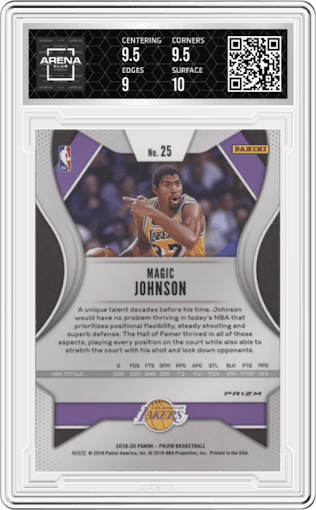 Magic Johnson from the 2019-20 Panini Prizm set featuring a Silver Prizm parallel graded by Arena Club and given an overall grade of 9.5.