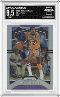Magic Johnson from the 2019-20 Panini Prizm set featuring a Silver Prizm parallel graded by Arena Club and given an overall grade of 9.5.