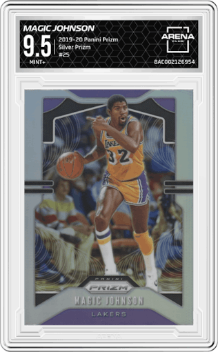 Magic Johnson from the 2019-20 Panini Prizm set featuring a Silver Prizm parallel graded by Arena Club and given an overall grade of 9.5.