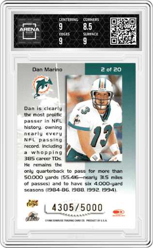 Dan Marino from the 1998 Leaf Rookies & Stars set graded by Arena Club and given an overall grade of 9.