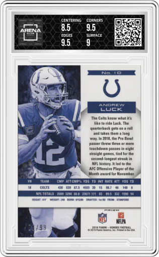 Andrew Luck from the 2018 Panini Honors set graded by Arena Club and given an overall grade of 9.