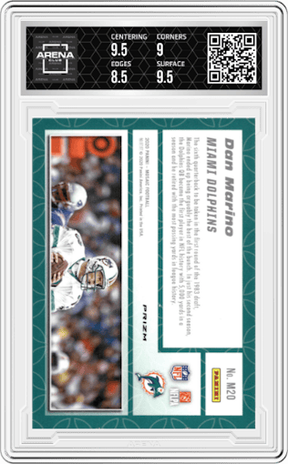 Dan Marino from the 2020 Panini Mosaic set featuring a No Huddle Silver parallel graded by Arena Club and given an overall grade of 9.