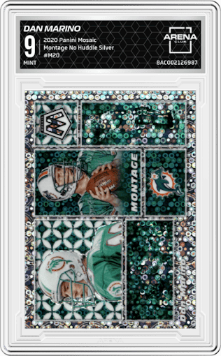 Dan Marino from the 2020 Panini Mosaic set featuring a No Huddle Silver parallel graded by Arena Club and given an overall grade of 9.
