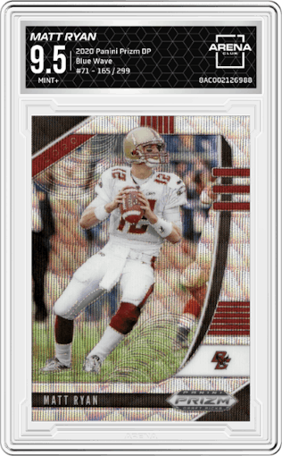 Matt Ryan from the 2020 Panini Prizm Draft Picks set featuring a Blue Wave parallel graded by Arena Club and given an overall grade of 9.5.
