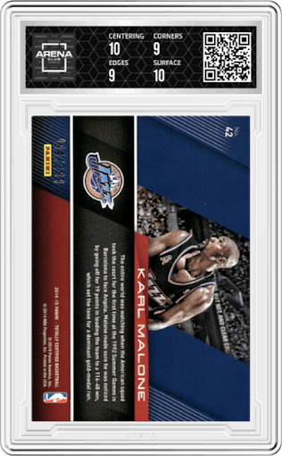 Karl Malone from the 2014-15 Panini Totally Certified set graded by Arena Club and given an overall grade of 9.5.