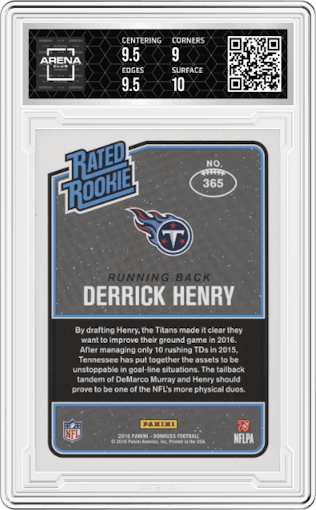 Derrick Henry from the 2016 Panini Donruss  set graded by Arena Club and given an overall grade of 9.5.