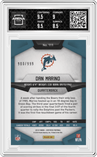 Dan Marino from the 2016 Panini Certified set graded by Arena Club and given an overall grade of 9.