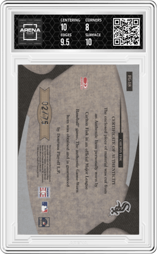 Carlton Fisk from the 2005 Leaf Certified Materials set featuring a Stats parallel graded by Arena Club and given an overall grade of 8.5.