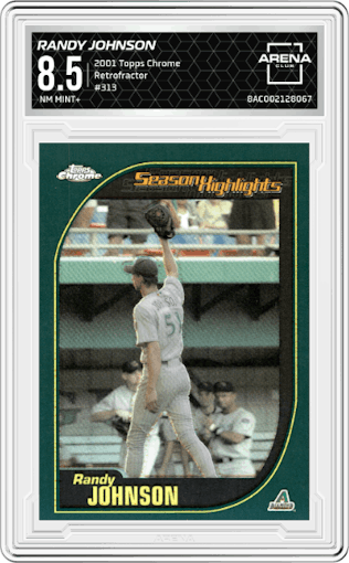 Randy Johnson from the 2001 Topps Chrome set featuring a Retrofractor parallel graded by Arena Club and given an overall grade of 8.5.