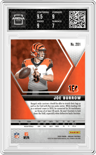 Joe Burrow from the 2020 Panini Mosaic set graded by Arena Club and given an overall grade of 7.5.