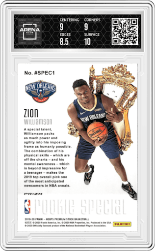 Zion Williamson from the 2019-20 Panini Hoops Premium Stock set featuring a Flash parallel graded by Arena Club and given an overall grade of 9.