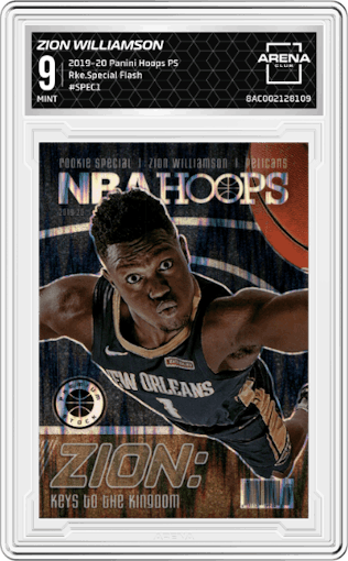 Zion Williamson from the 2019-20 Panini Hoops Premium Stock set featuring a Flash parallel graded by Arena Club and given an overall grade of 9.