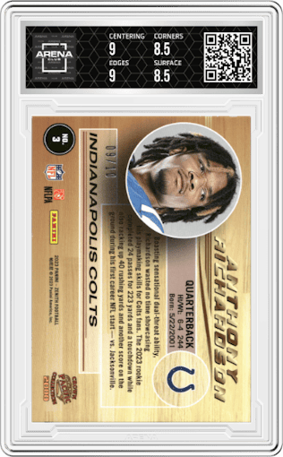Anthony Richardson from the 2023 Panini Zenith set featuring a Gold parallel graded by Arena Club and given an overall grade of 9.
