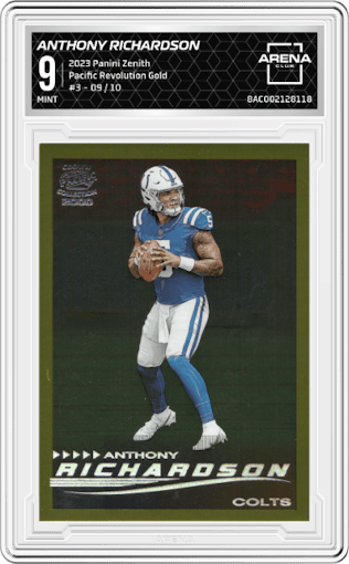 Anthony Richardson from the 2023 Panini Zenith set featuring a Gold parallel graded by Arena Club and given an overall grade of 9.