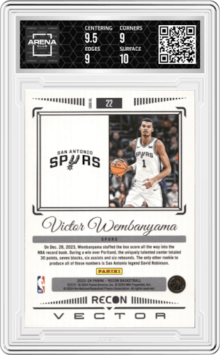 Victor Wembanyama from the 2023-24 Panini Recon set graded by Arena Club and given an overall grade of 9.5.