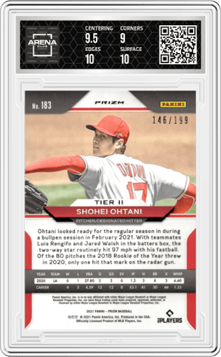 Shohei Ohtani from the 2021 Panini Prizm set featuring a Blue Donut Circles parallel graded by Arena Club and given an overall grade of 9.5.