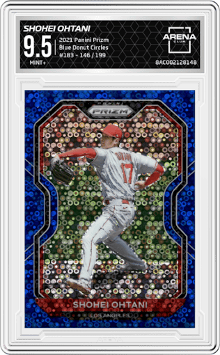 Shohei Ohtani from the 2021 Panini Prizm set featuring a Blue Donut Circles parallel graded by Arena Club and given an overall grade of 9.5.