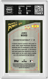 James Wood from the 2024 Bowman set featuring a Gold Refractor parallel graded by Arena Club and given an overall grade of 9.5.
