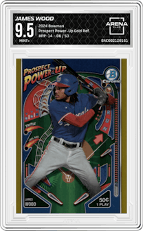 James Wood from the 2024 Bowman set featuring a Gold Refractor parallel graded by Arena Club and given an overall grade of 9.5.
