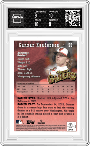 Gunnar Henderson from the 2023 Topps Finest Flashbacks set graded by Arena Club and given an overall grade of 9.5.