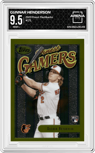 Gunnar Henderson from the 2023 Topps Finest Flashbacks set graded by Arena Club and given an overall grade of 9.5.