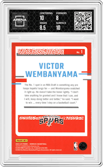 Victor Wembanyama from the 2023-24 Panini Donruss set graded by Arena Club and given an overall grade of 8.5.