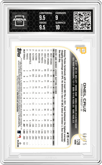 Oneil Cruz from the 2022 Topps Chrome set featuring a Blue Wave Refractor parallel graded by Arena Club and given an overall grade of 9.5.
