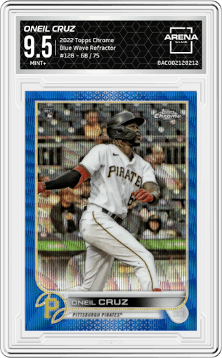 Oneil Cruz from the 2022 Topps Chrome set featuring a Blue Wave Refractor parallel graded by Arena Club and given an overall grade of 9.5.