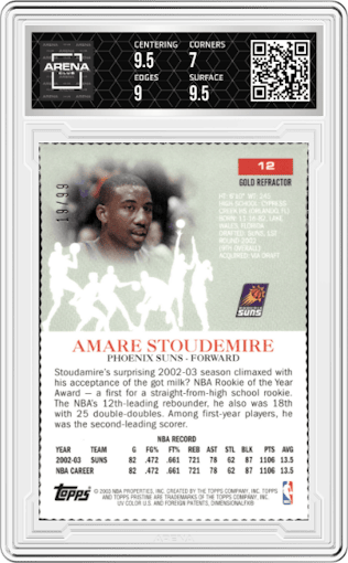 Amare Stoudemire  from the 2003-04 Topps Pristine  set featuring a Gold Refractor parallel graded by Arena Club and given an overall grade of 7.5.