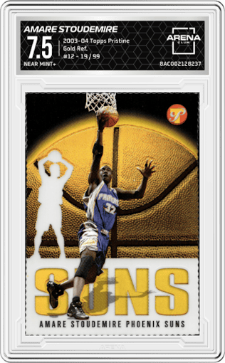 Amare Stoudemire  from the 2003-04 Topps Pristine  set featuring a Gold Refractor parallel graded by Arena Club and given an overall grade of 7.5.