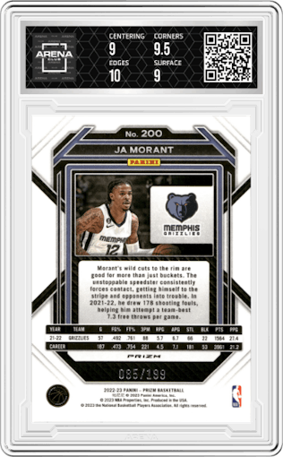 Ja Morant from the 2022-23 Panini Prizm  set featuring a Blue Prizm parallel graded by Arena Club and given an overall grade of 9.5.