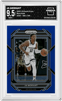 Ja Morant from the 2022-23 Panini Prizm  set featuring a Blue Prizm parallel graded by Arena Club and given an overall grade of 9.5.