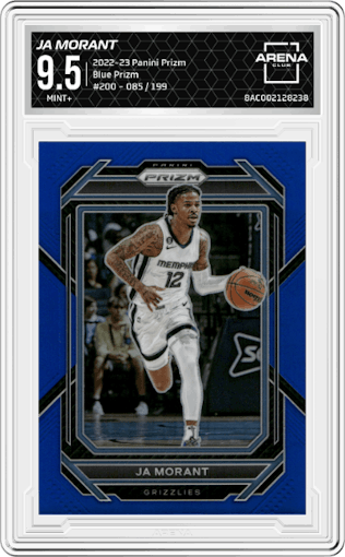 Ja Morant from the 2022-23 Panini Prizm  set featuring a Blue Prizm parallel graded by Arena Club and given an overall grade of 9.5.